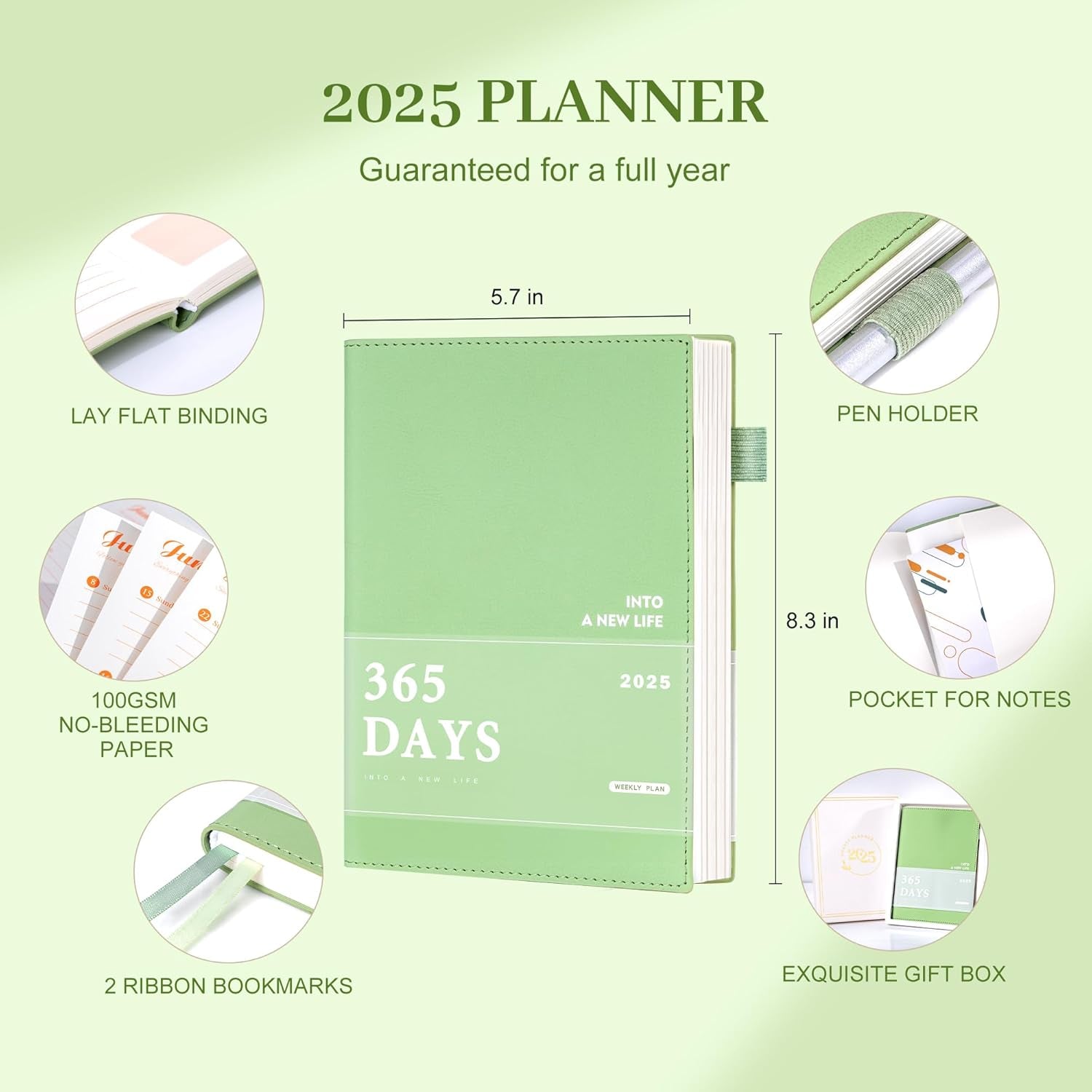 2025 Planners for Women Weekly and Monthly Planner 2025 with Stickers& Pocket Hardcover Leather 2025 Agenda Calendar Monthly Planner 5X8, Green