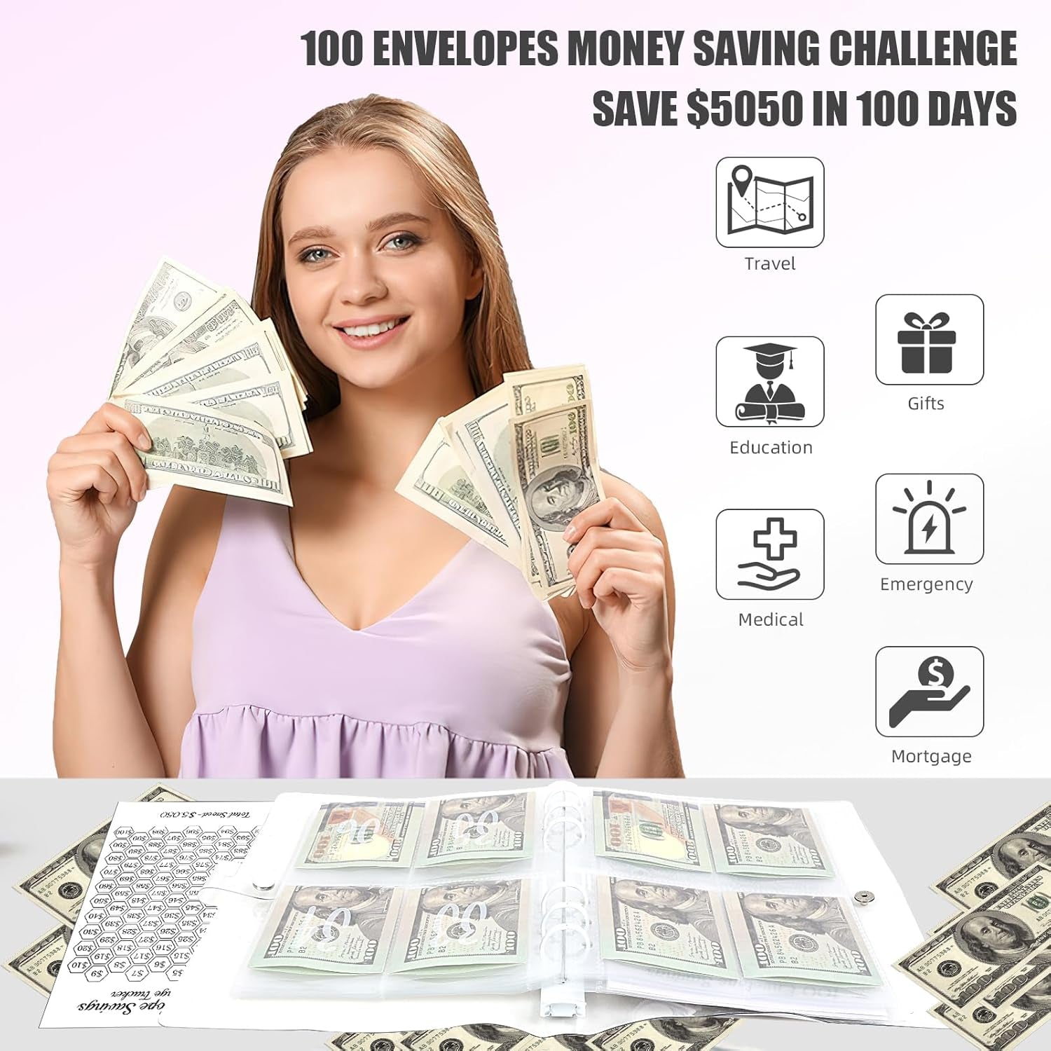 100 Envelope Challenge Binder,100 Day Savings Challenges Book with Envelopes Easy and Fun Way to save $5,050 Money,Budget Binder Savings Challenge Book Cash Envelope