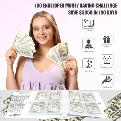 100 Envelope Challenge Binder,100 Day Savings Challenges Book with Envelopes Easy and Fun Way to save $5,050 Money,Budget Binder Savings Challenge Book Cash Envelope