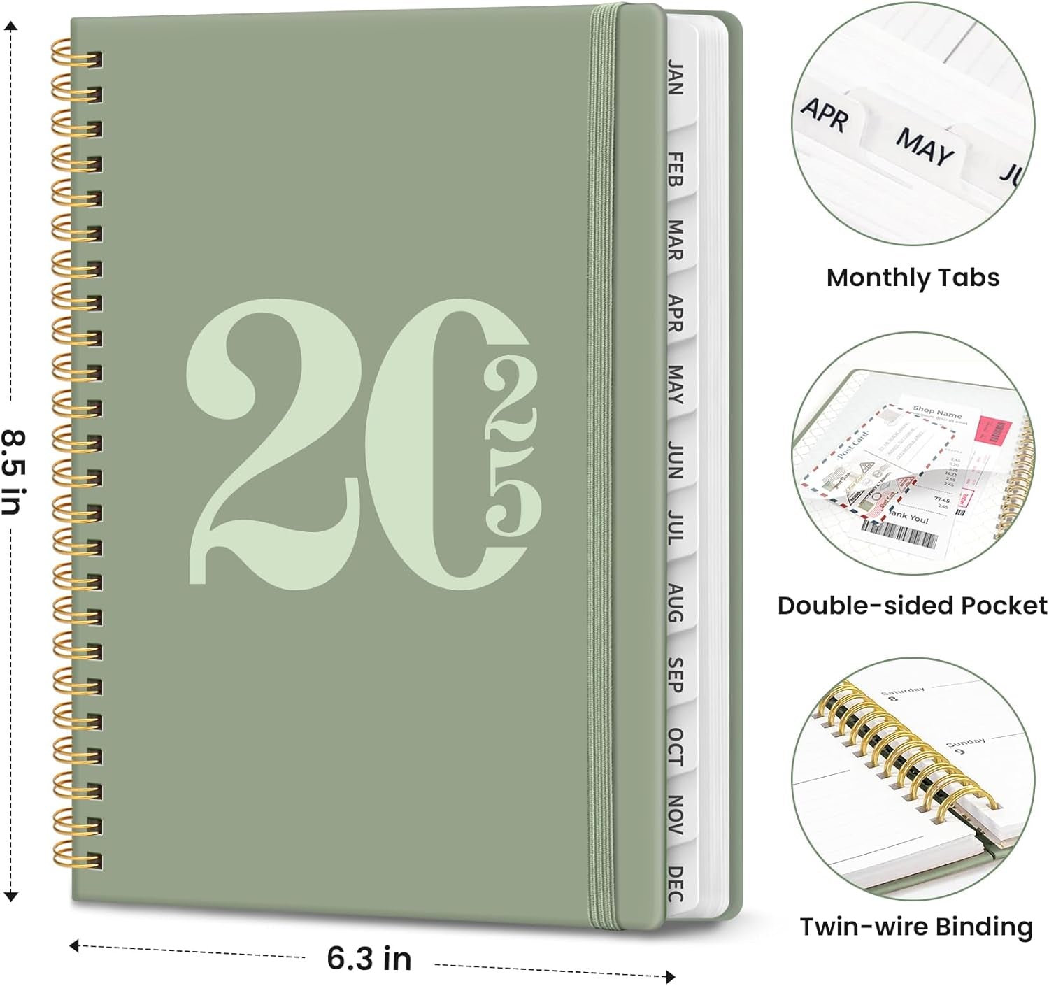 2025 Planner Weekly and Monthly, Jan 2025 to Dec 2025, Hardcover 2025 Calendar Planner Book with Tabs & Inner Pocket, Office Home School Supplies for Women & Men - A5 (6.3" X 8.5"), Spiral Bound, Green