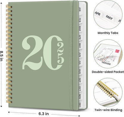 2025 Planner Weekly and Monthly, Jan 2025 to Dec 2025, Hardcover 2025 Calendar Planner Book with Tabs & Inner Pocket, Office Home School Supplies for Women & Men - A5 (6.3" X 8.5"), Spiral Bound, Green