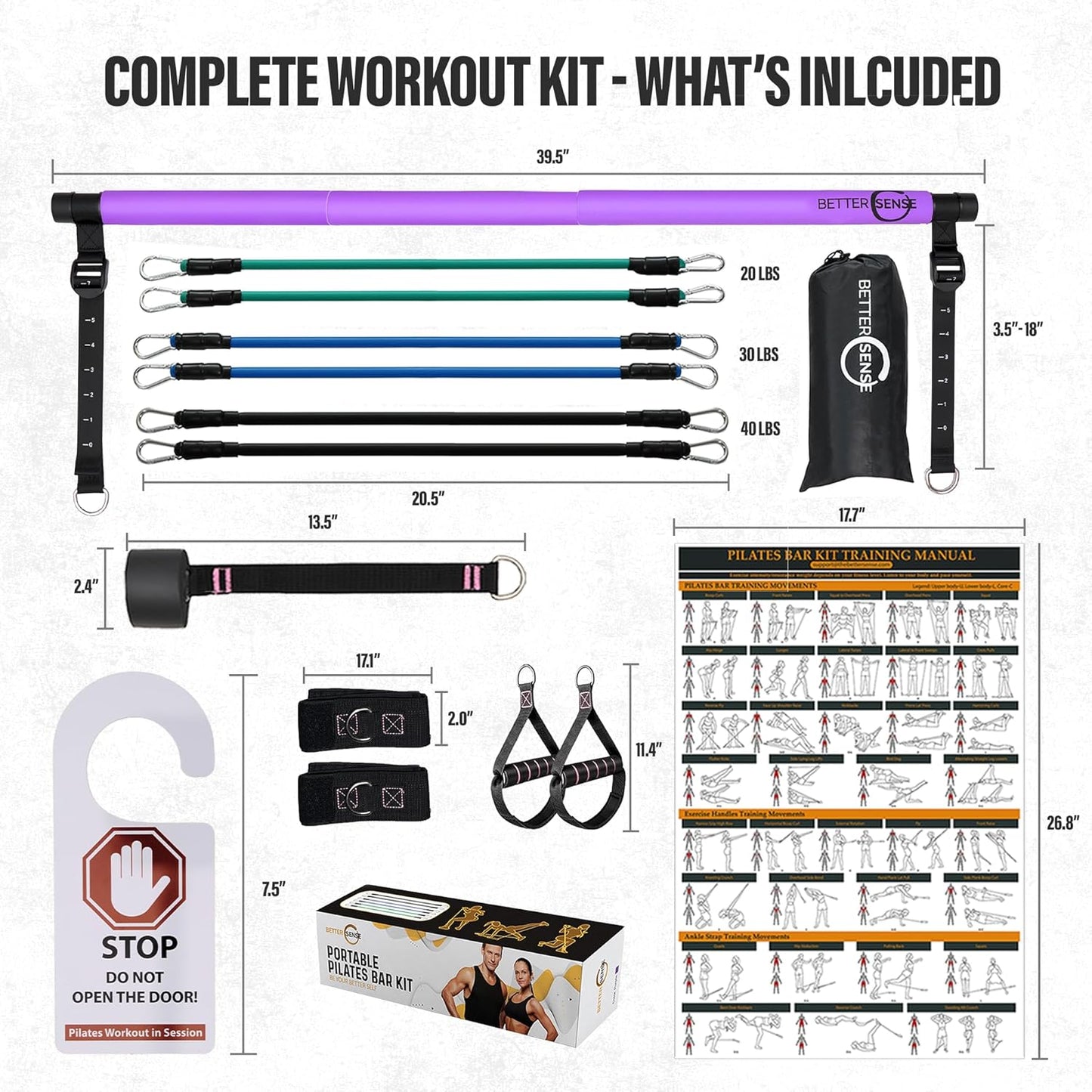 Upgraded Pilates Bar Kit – 39” Adjustable Exercise Equipment for Men, Women with 6X 20, 30, 40 Lbs Resistance Bands with Adjustment Buckle – Pilates Equipment for Home Workouts for All Fitness Levels