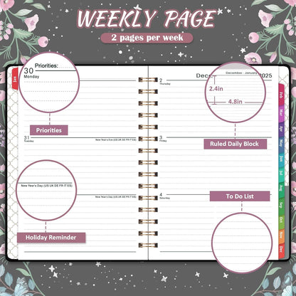 2025 Planner - 2025 Planner Weekly and Monthly with Tabs, Jan. 2025 - Dec. 2025, 6.3" X 8.4", Planner 2025 with Back Pocket + Thick Paper + Twin-Wire Binding - Moon