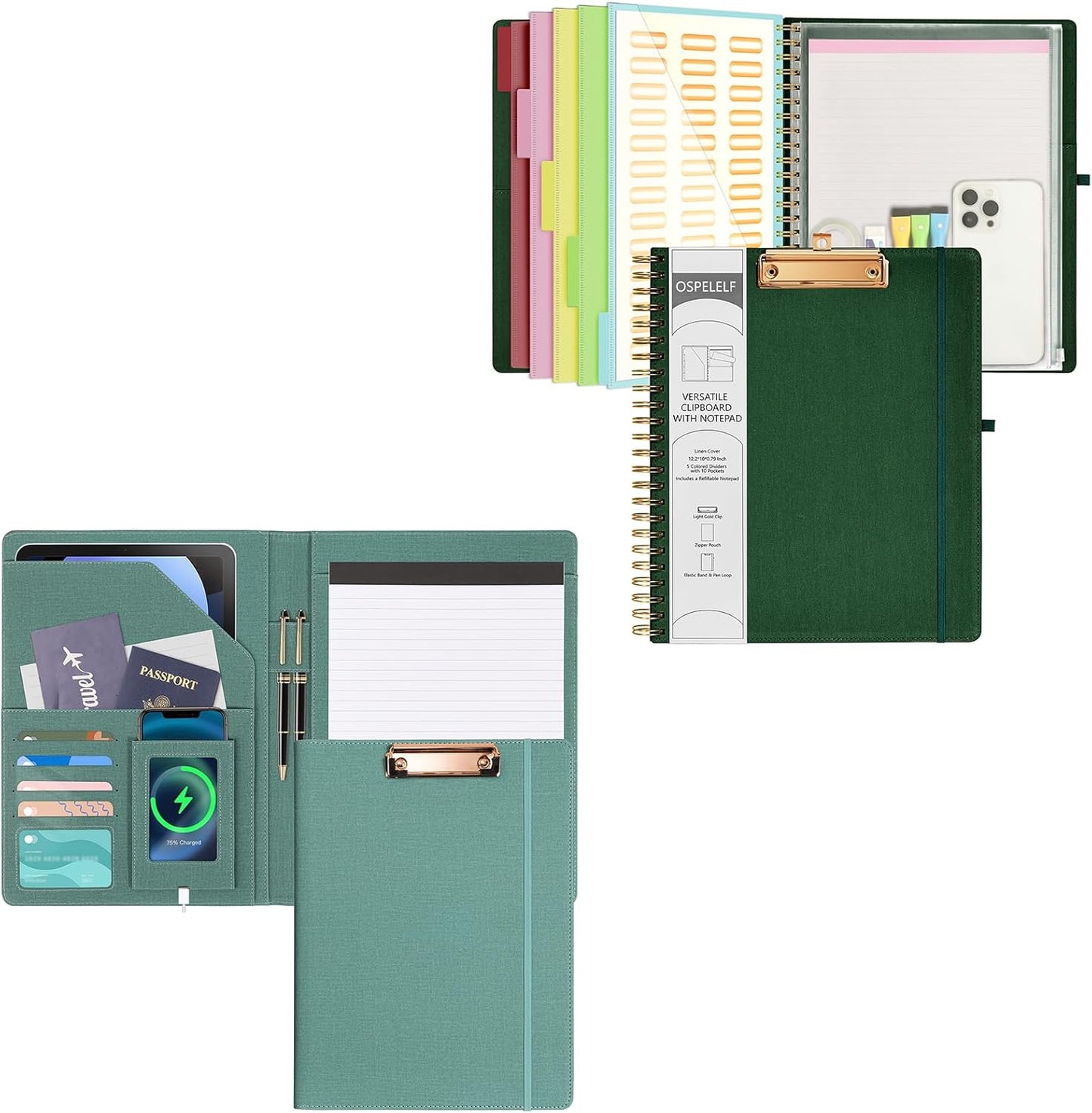 Foldable Spiral Clipboard Folio with Storage Zipper Pouch, 5 Plastic Folders with 10 Pockets,Refillable Lined Notepad (11" X 8.5"), Hardcover Project Organizer with 39 Stickers (Dark Green)