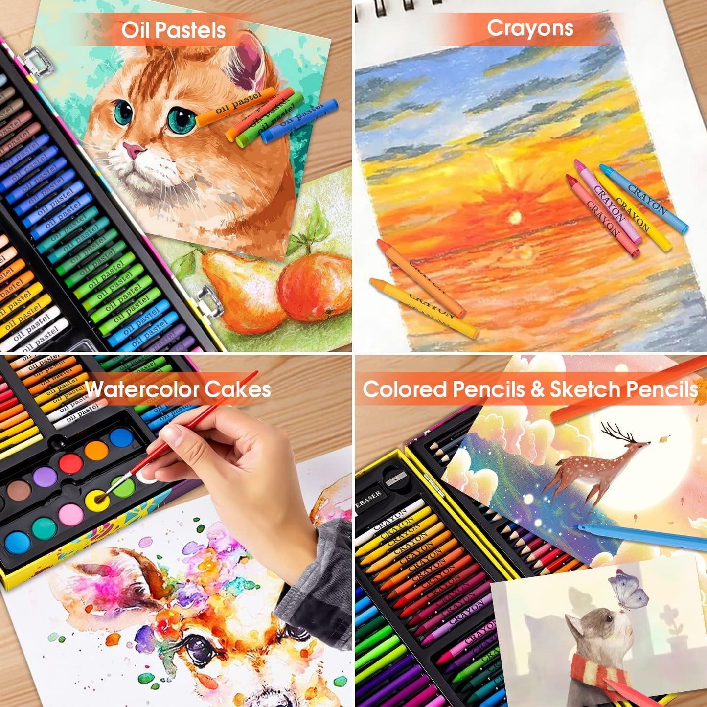 Art Supplies, 180 Piece Drawing Painting Art Kit with Clipboard and Coloring Papers, Gifts Art Set Case with Oil Pastels, Crayons, Colored Pencils, Watercolor Cakes