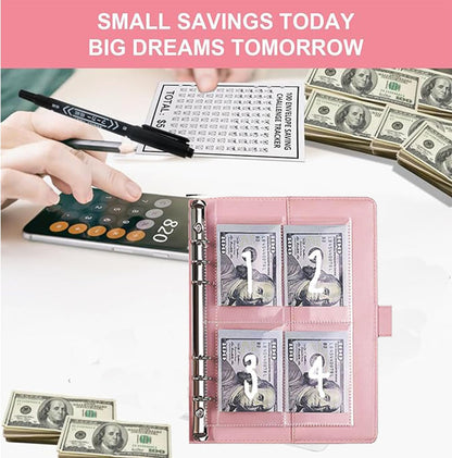 2PCS 100 Envelopes Money Saving Challenge, Envelopes Challenge Binder, Achieving Financial Goals with a Budget Binder and Cash Envelopes, Successfully Reach Your Savings Goals of $5,050 (Pink+Black)