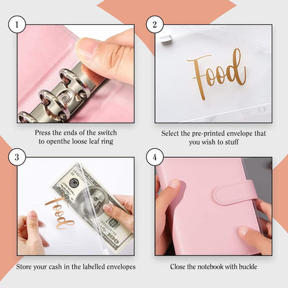 Budget Binder with Zipper Envelopes - Glitter Money Organizer for Cash, A6 Binder Cash Envelopes for Budgeting, Money Saving Binder with Rose Gold Pre-Printed Stickers