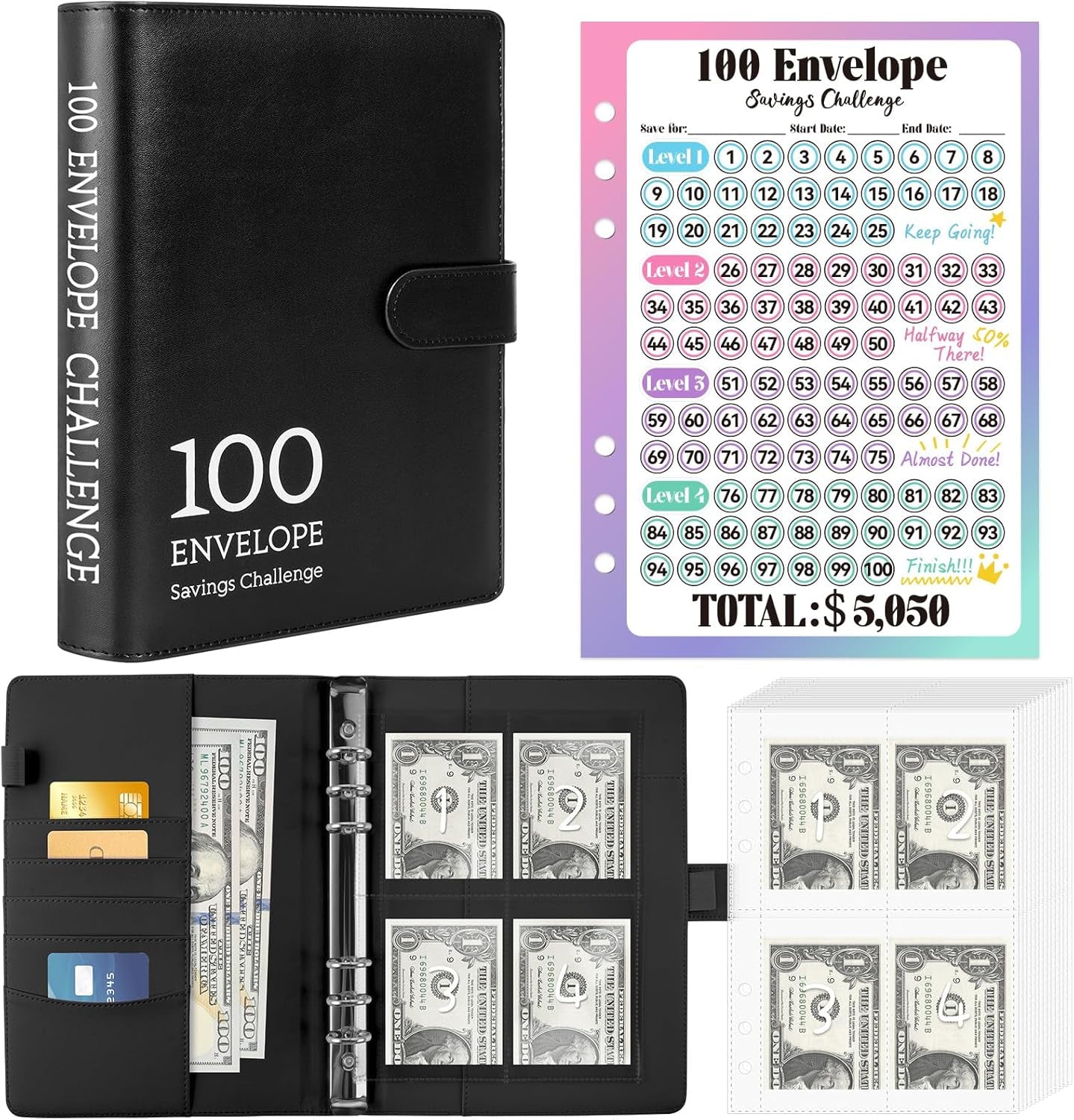 Savings Book 100 Envelopes Money Saving Challenge Book with Laminated Tracker, A5 Money Saving Budget Binder with Cash Envelopes to save $5,050, Black