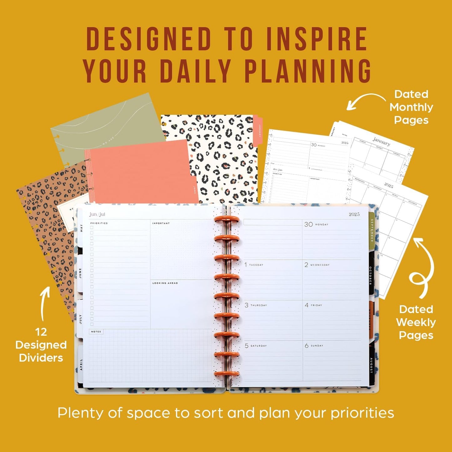 Happy Planner Disc-Bound 12-Month Planner, Jan.–Dec. 2025 Daily, Weekly, and Monthly Planner, Classic Size, Dashboard Layout, Wild Heart, 72 Pages, 12 Dividers, 2 Sticker Sheets, 7" X 9.25"