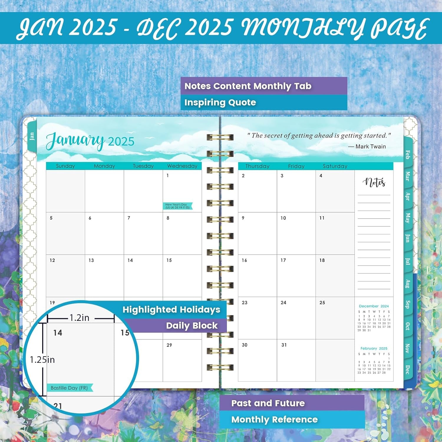 2025 Planner - 2025 Planner Weekly and Monthly, JAN. 2025 - DEC. 2025, 6.4" X 8.5", Calendar 2025 Planner with Monthly Tabs, Sturdy Cover, Premium Paper, Back Pocket, Strong Twin-Wire Binding