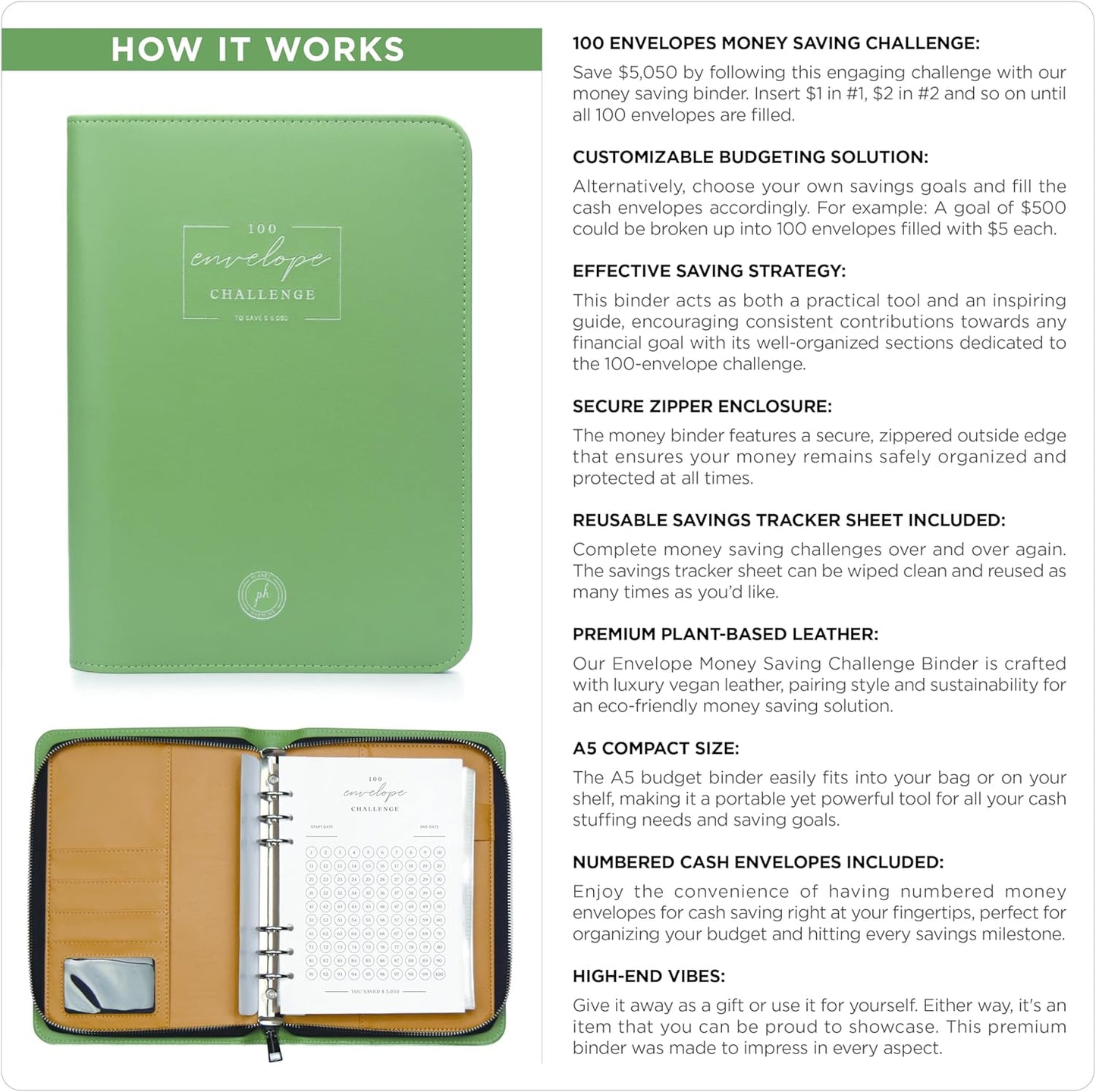 100 Envelopes Money Saving Challenge Binder - High-End, Challenge to save $5,050- A5 Savings Binder with 100 Cash Envelopes, Plant-Based Leather, Secure Zippered Cash Envelope Binder