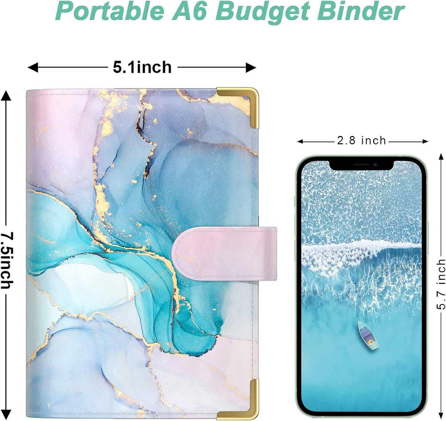 Budget Binder, A6 Binder Money Organizer for Cash, Marble Budget Binder with Zipper Envelopes, Money Saving Binder Cash Stuffing Envelopes for Budgeting, Cute Budget Planner for Planning, Blue