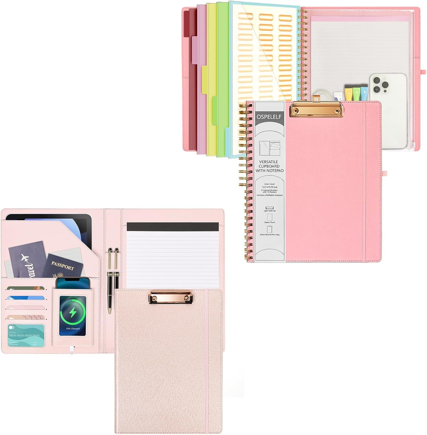 Pink Foldable Spiral Clipboard Folio with Storage Zipper Pouch, 5 Plastic Folders with 10 Pockets,Refillable Lined Notepad (11" X 8.5"), Hardcover Project Organizer with 39 Stickers