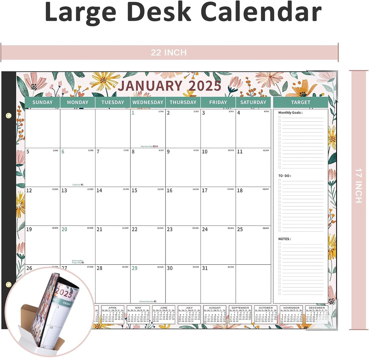 Desk Calendar 2025-2026 Large 22"X17" Monthly Planner Pad with Plastic Cover 18 Months Ditsy Floral