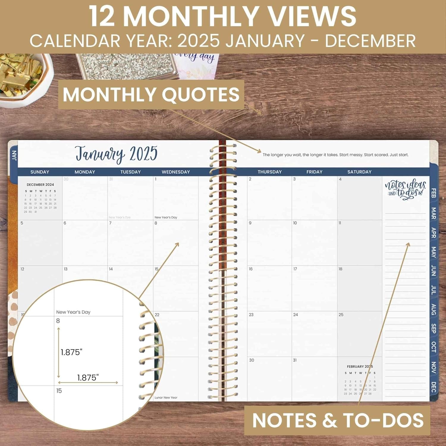 2025 (8.5" X 11") Calendar Year Day Planner (January 2025 - December 2025) - Weekly/Monthly Dated Agenda Organizer with Stickers & Tabs - Earthy Abstract, Blue