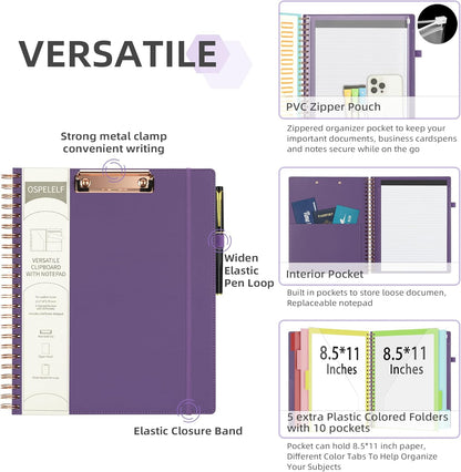 Foldable Spiral Clipboard Folio with Storage Zipper Pouch, 5 Plastic Folders with 10 Pockets,Refillable Lined Notepad (11" X 8.5"), Hardcover Project Organizer with 39 Stickers