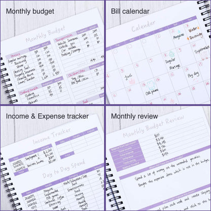 Monthly Budget Planner Book (Undated) with 12 Pockets for Income, Debt, Saving, Expense and Bill Tracker Organizer, Purple, Spiral Design