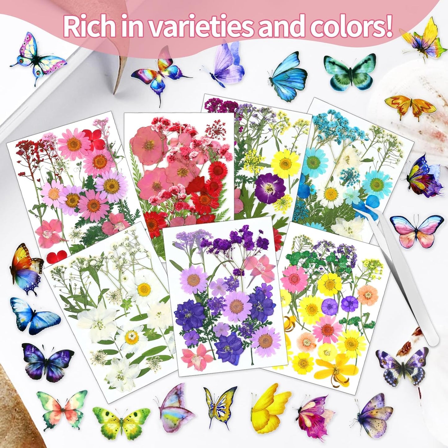 190 Pcs Dried Pressed Flowers for Resin, Real Dried Pressed Flowers for Resin Butterfly Stickers DIY Art with Tweezers Crafts Decorate for Candles Jewelry Nail Crafts