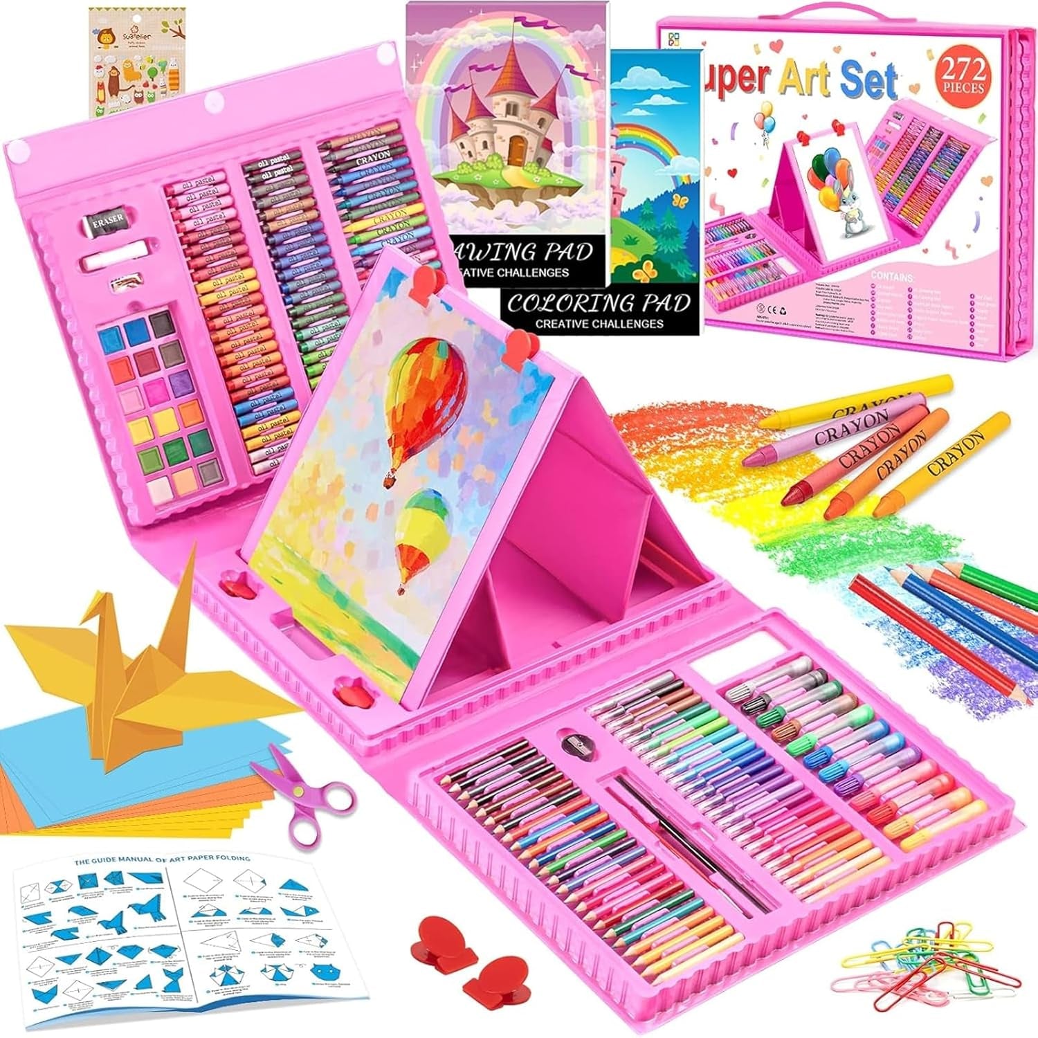 Art Supplies, 272 Pack Art Set Drawing Kit for Girls Boys Teens Artist, Deluxe Gift Art Box with Trifold Easel, Origami Paper, Coloring Book, Drawing Pad, Pastels, Crayons, Pencils, Watercolors(Pink)