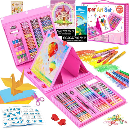 Art Supplies, 272 Pack Art Set Drawing Kit for Girls Boys Teens Artist, Deluxe Gift Art Box with Trifold Easel, Origami Paper, Coloring Book, Drawing Pad, Pastels, Crayons, Pencils, Watercolors(Pink)