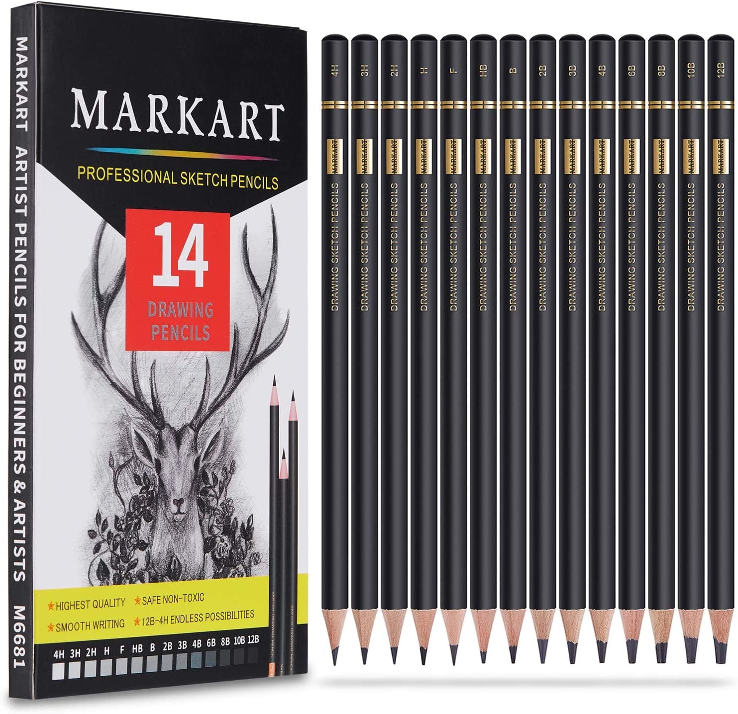 Professional Drawing Sketching Pencil Set - 14 Pieces,Graphite,(12B - 4H), Ideal for Drawing Art, Sketching, Shading, Artist Pencils for Beginners & Pro Artists