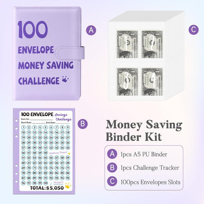 100 Envelopes Money Saving Challenge Binder, A5 Savings Challenges Book with Envelopes & Reusable Tracker, Savings Binder - save $5050 in Fun & Motivating Way, A5 Envelope Challenge Binder Kit