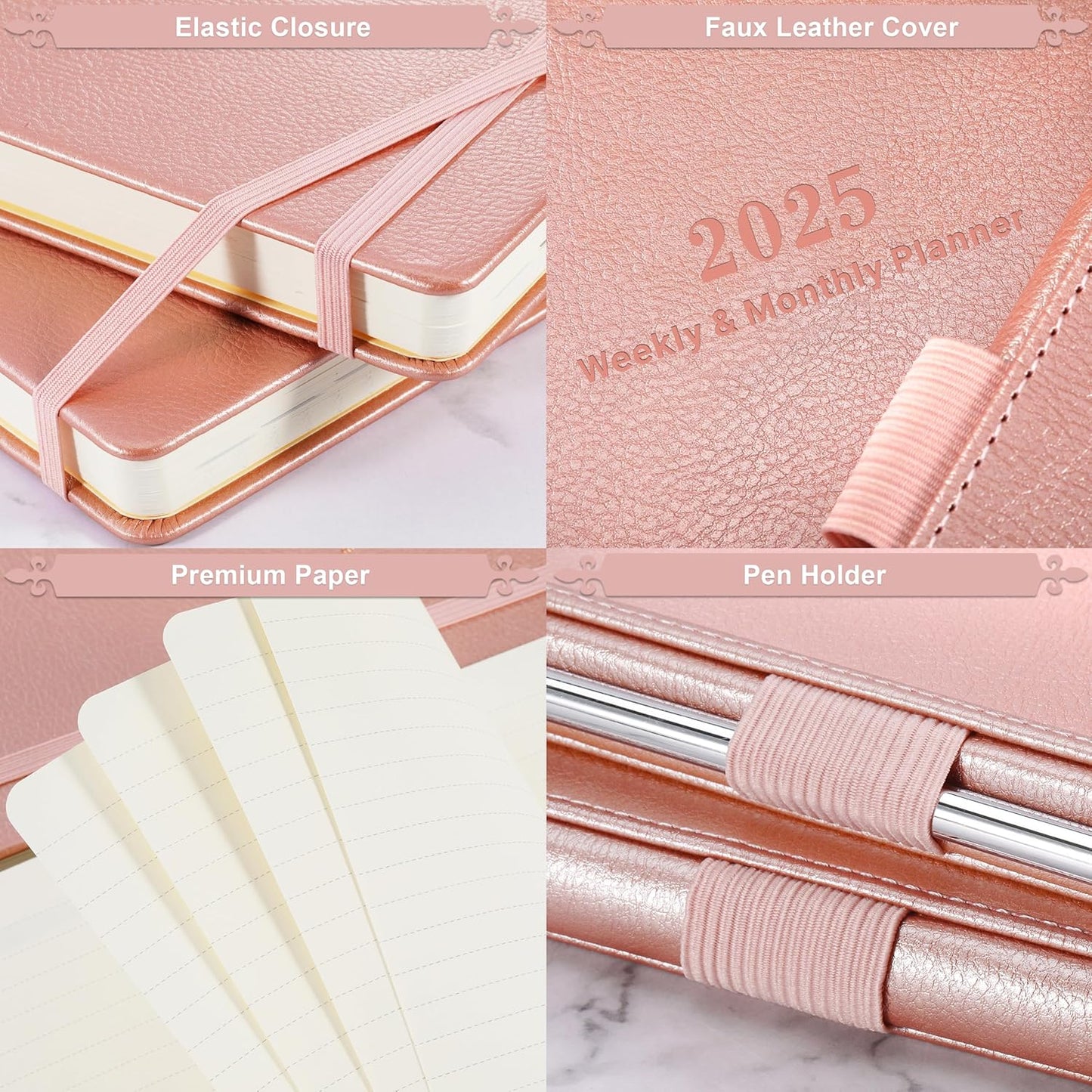 2025 Planner - Planner 2025 Weekly and Monthly with Stickers, 5.7" X 8.2", Jan 2025 - Dec 2025, 2025 Calendar Planner, Pen Holder, Inner Pocket, 44 Notes Pages - Rose Gold