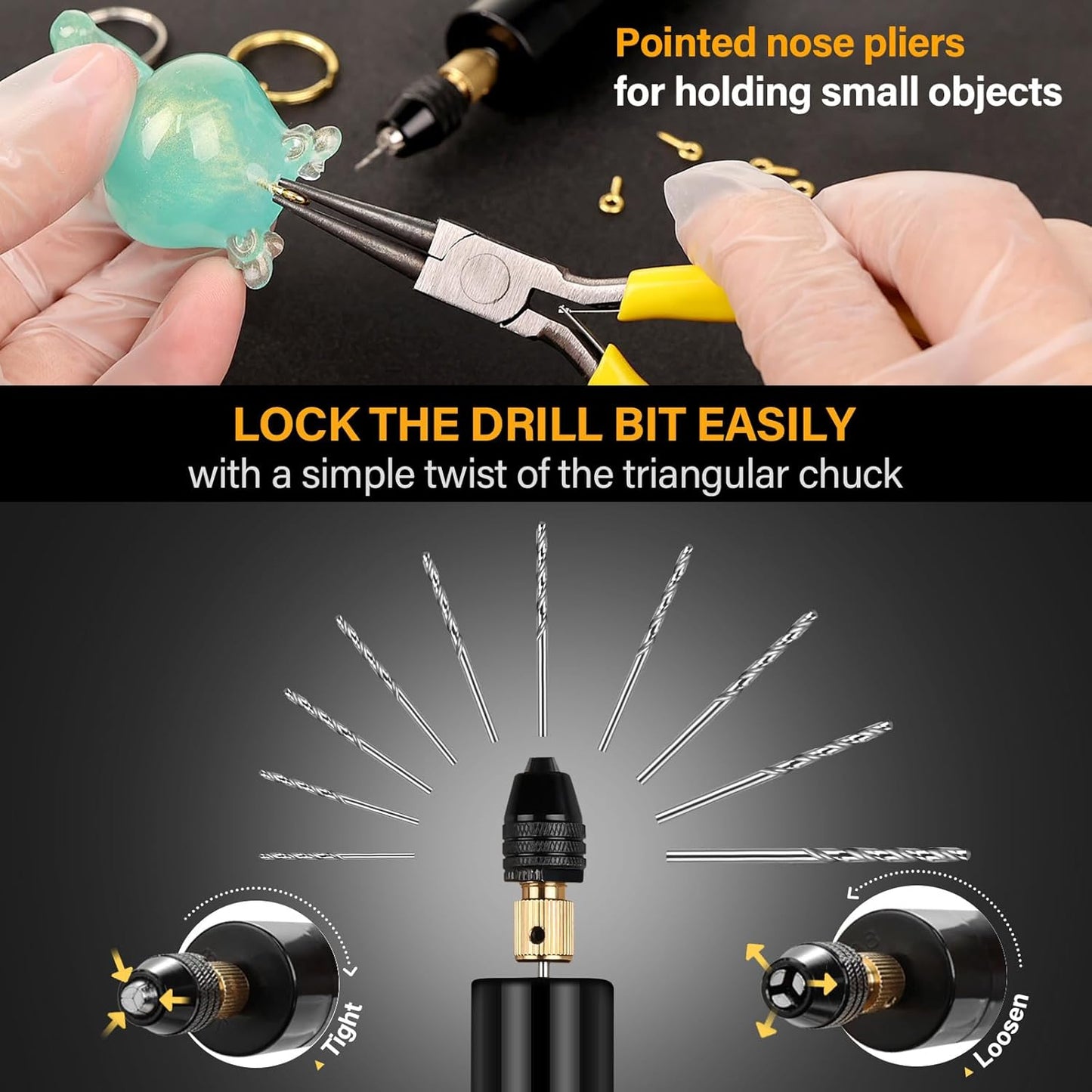 Electric Resin Drill, 74Pcs Hand Drill Supplies with 3-Jaw Clamp-Applicable to a Larger Drilling Range (0-3Mm), Grip Nose Pliers, Keychain Making Kit, Tools for Resin Art