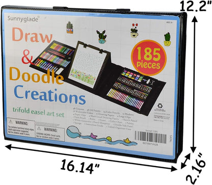 185 Pieces Double Sided Trifold Easel Art Set, Drawing Art Box with Oil Pastels, Crayons, Colored Pencils, Markers, Paint Brush, Watercolor Cakes, Sketch Pad