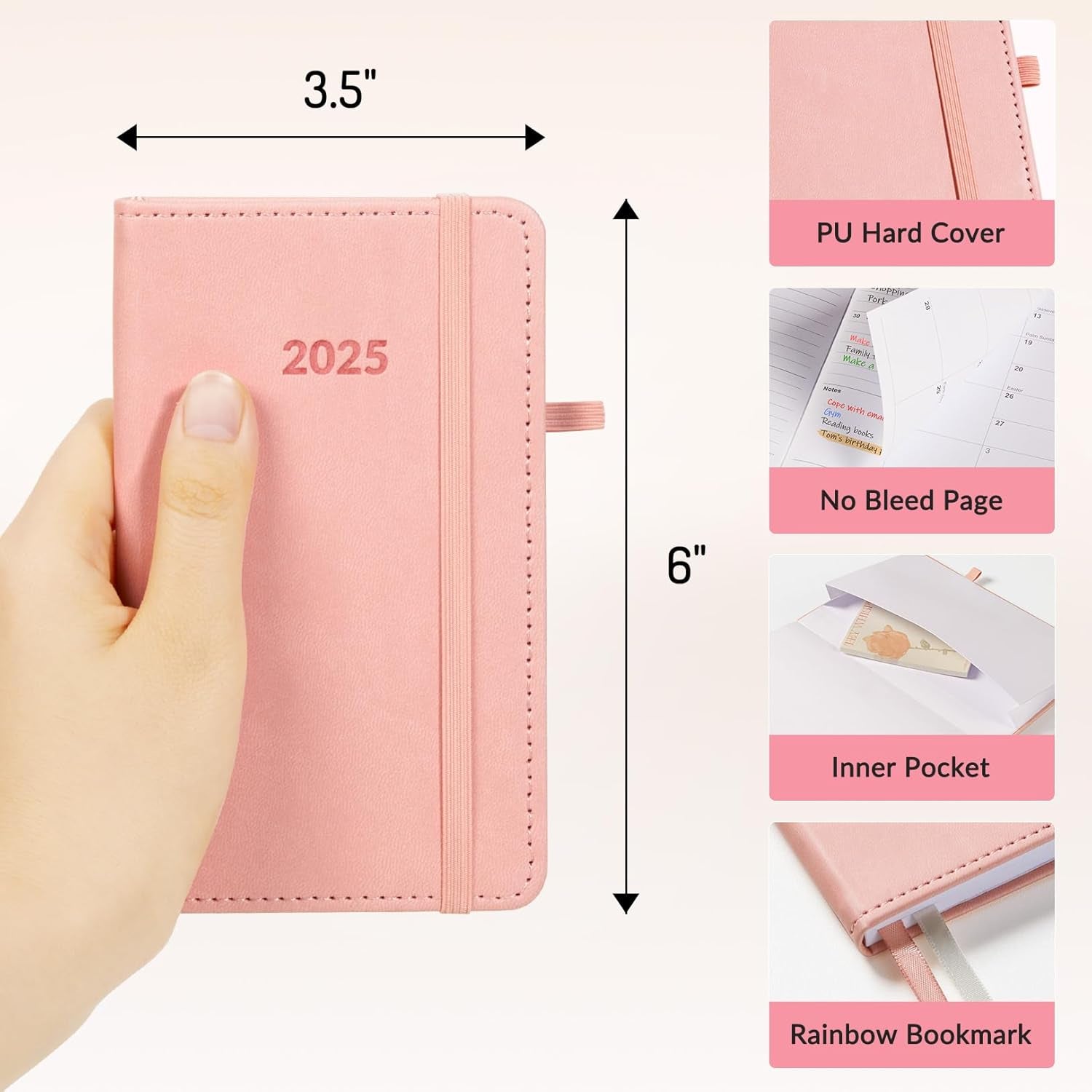 2025 Pocket Planner, Weekly and Monthly Planner for Purse 3.5" X 6", 12 Months (Jan 2025 - Dec 2025), Small PU Hardcover Daily Organizer Calendar Planner, Agenda Journal with Tabs for Women Travel Office Home School