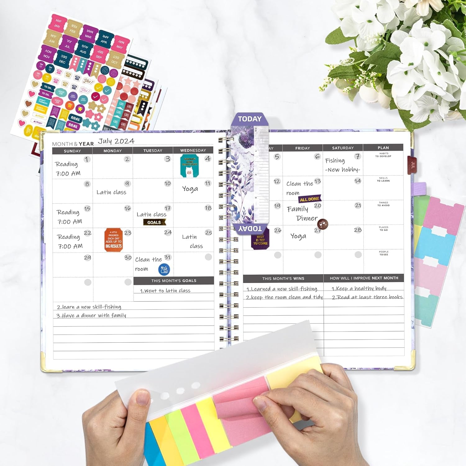 Academic Planner Undated Daily Spiral Binding Weekly Monthly Hardcover Planners with Stickers 12 Months Productivity Aesthetic Journey Letter Size Purple Marble