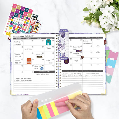 Academic Planner Undated Daily Spiral Binding Weekly Monthly Hardcover Planners with Stickers 12 Months Productivity Aesthetic Journey Letter Size Purple Marble