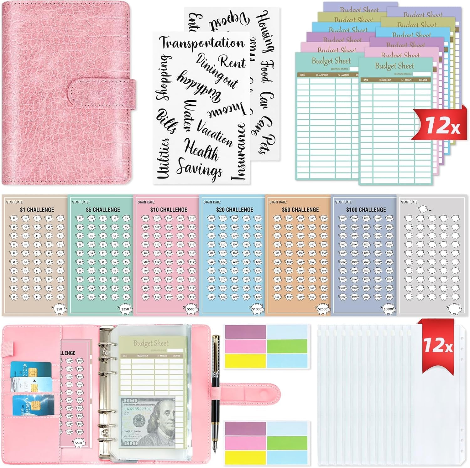 2 in 1 Money Saving Binder, A6 Budget Binder with Money Saving Challenge, 12Pcs Zipper Cash Envelopes, Cash Stuffing Binder for Budget Planner