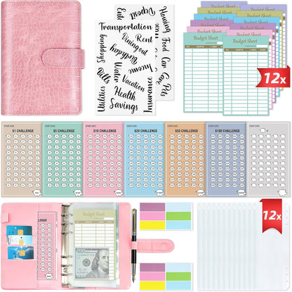 2 in 1 Money Saving Binder, A6 Budget Binder with Money Saving Challenge, 12Pcs Zipper Cash Envelopes, Cash Stuffing Binder for Budget Planner