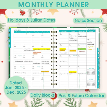 2025 Planner, 12-Month Daily Weekly Monthly Planner from JAN.2025 to DEC.2025, 8.4" X 6", Spiral Planner Notebook with Stickers, Elastic Closure, Inner Pocket, Christmas Tree