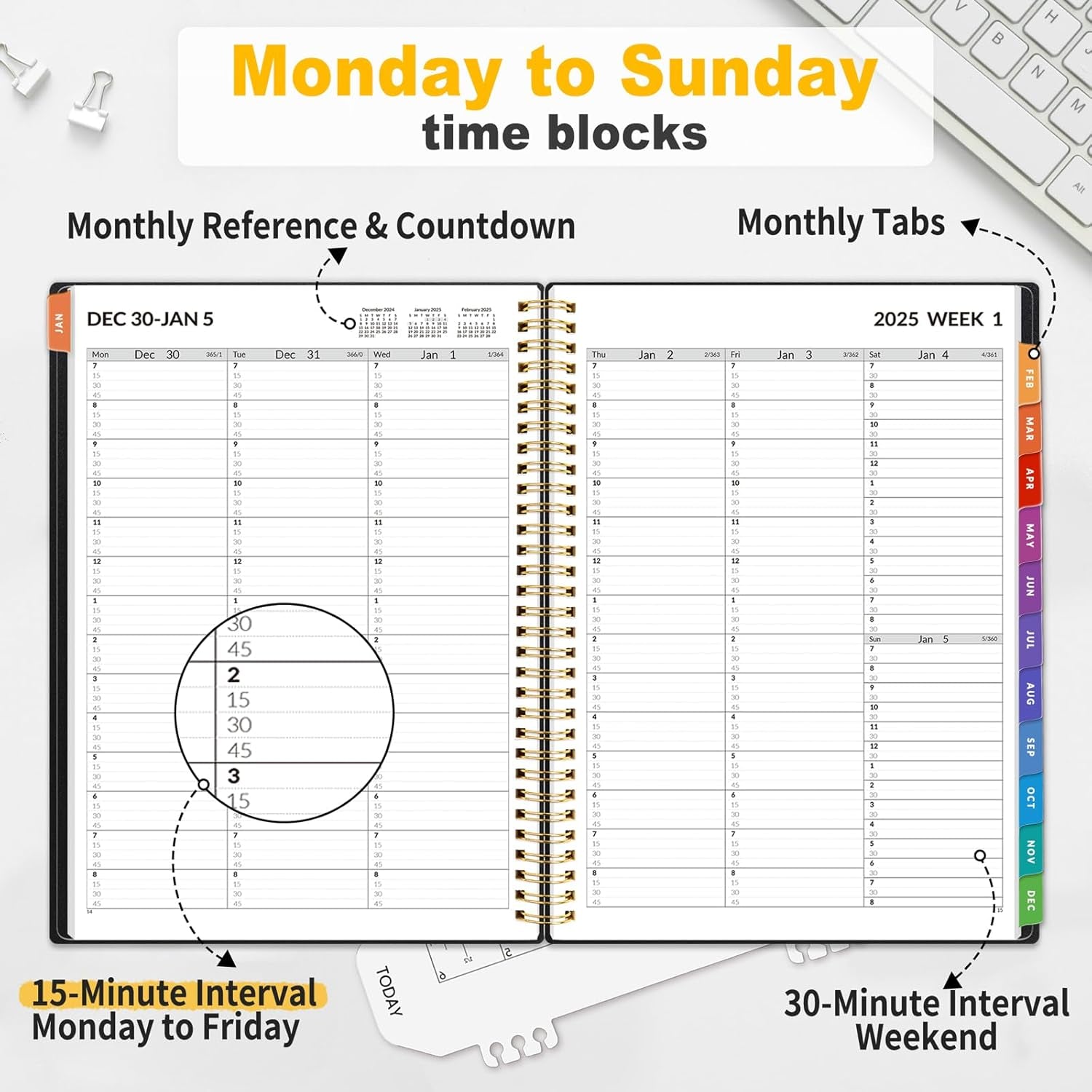 2025 Appointment Book, Quarter-Hourly, Weekly & Monthly - from January 2025 - December 2025, 8.5"X11" Weekly Planner, Flexible Cover, Note Pages, Pockets, Bookmark, Spiral Binding, Black