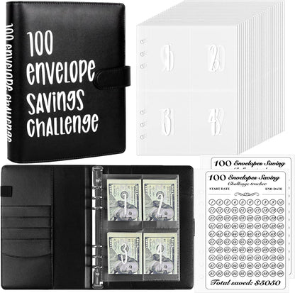 100 Envelopes Money Saving Challenge Binder, Easy and Fun Way to save $5,050, A5 Budget Book with Cash Envelopes Kit,Black,White