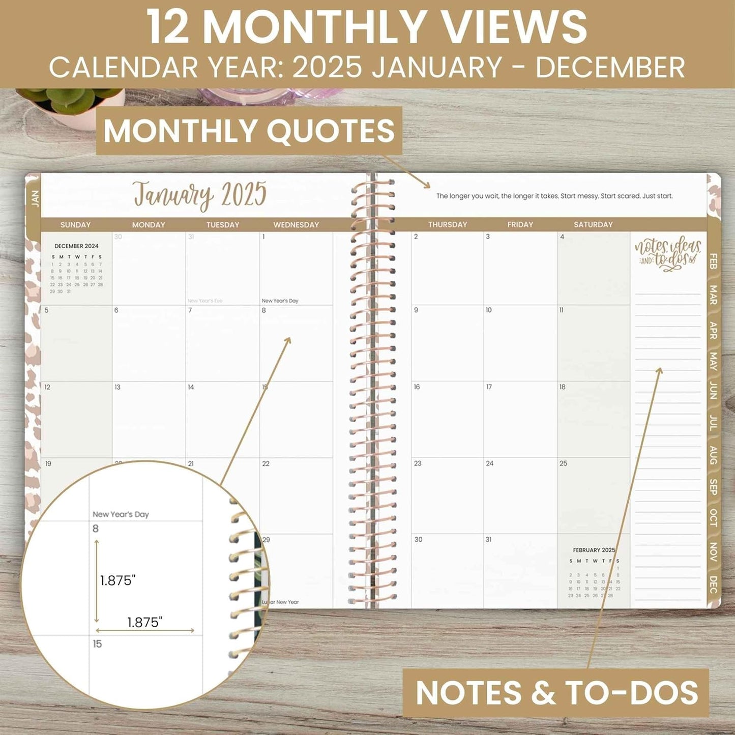 2025 (8.5" X 11") Calendar Year Day Planner (January 2025 - December 2025) - Weekly/Monthly Dated Agenda Organizer with Stickers & Tabs - Tan Leopard