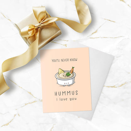 Valentines Day Anniversary Card for Her Him/Girlfriend Wife/Husband Boyfriend, Friendship Thank You Birthday Vday Kawaii Greeting Card (Hummus I Love You)