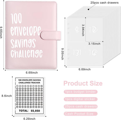 Money Saver Budget Binder Book with Pouches, 100 Envelope Challenge Binder with Numbers, A5 Money Budget Envelopes for Cash Saving $5,050 Pink