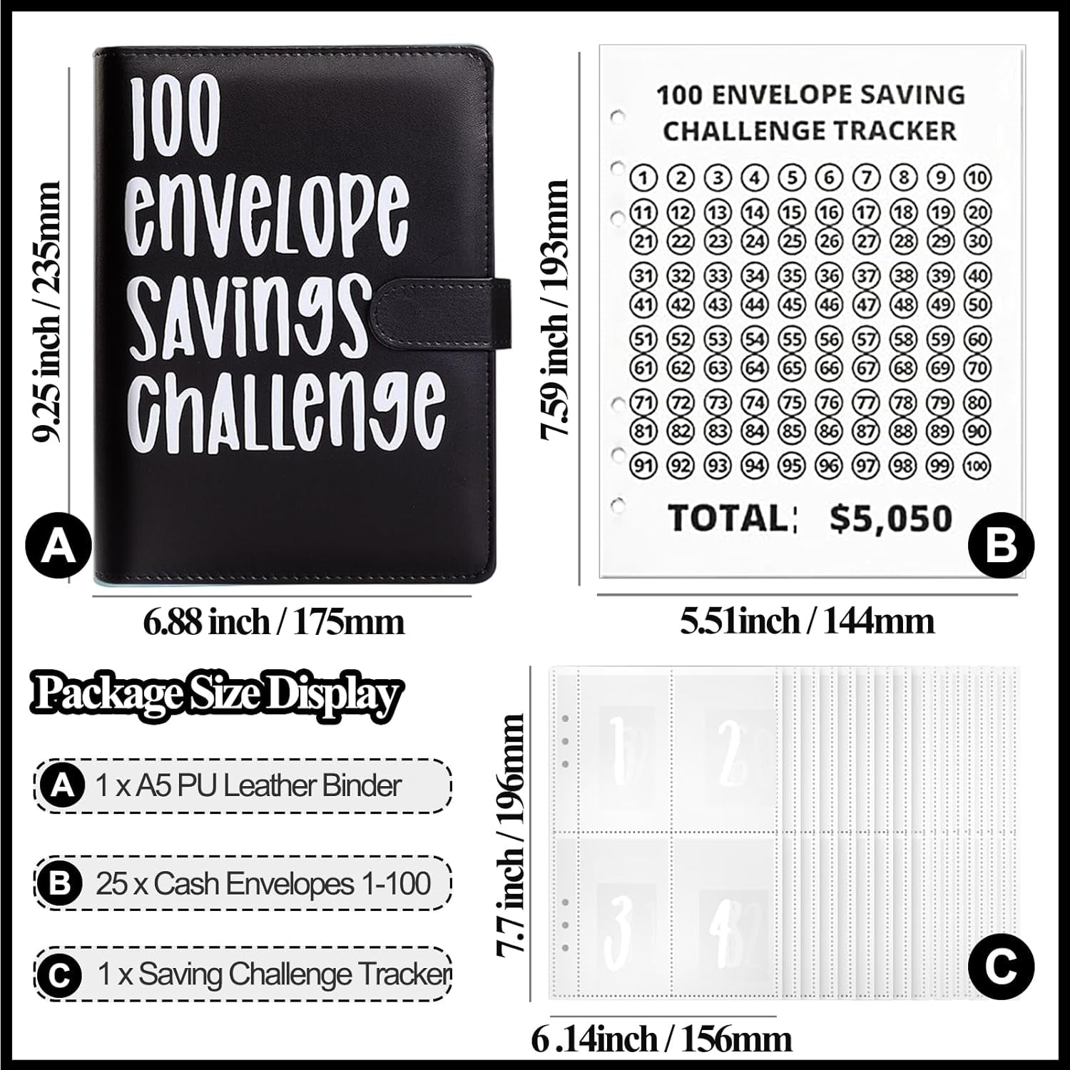 100 Envelopes Money Saving Challenge, A5 Money Saving Budget Binder with Cash Envelopes, Saving Challenge Book - Easy and Fun Way to save $5,050, (Black)