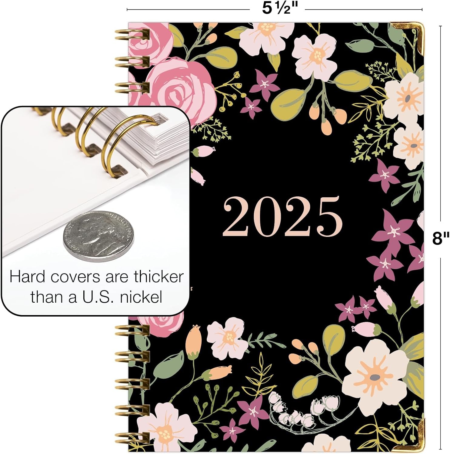 HARDCOVER 2025 Planner, 5.5"X8": 14 Months (November 2024 - December 2025), Daily Weekly Monthly Planner, Yearly Agenda, Bookmark, Pocket Folder and Sticky Note Set (Black Floral Pink)