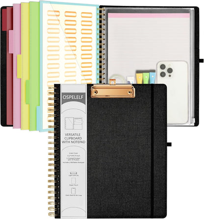 Foldable Spiral Clipboard Folio with Storage Zipper Pouch, 5 Plastic Folders with 10 Pockets,Refillable Lined Notepad (11" X 8.5"), Hardcover Project Organizer with 39 Stickers (Black)