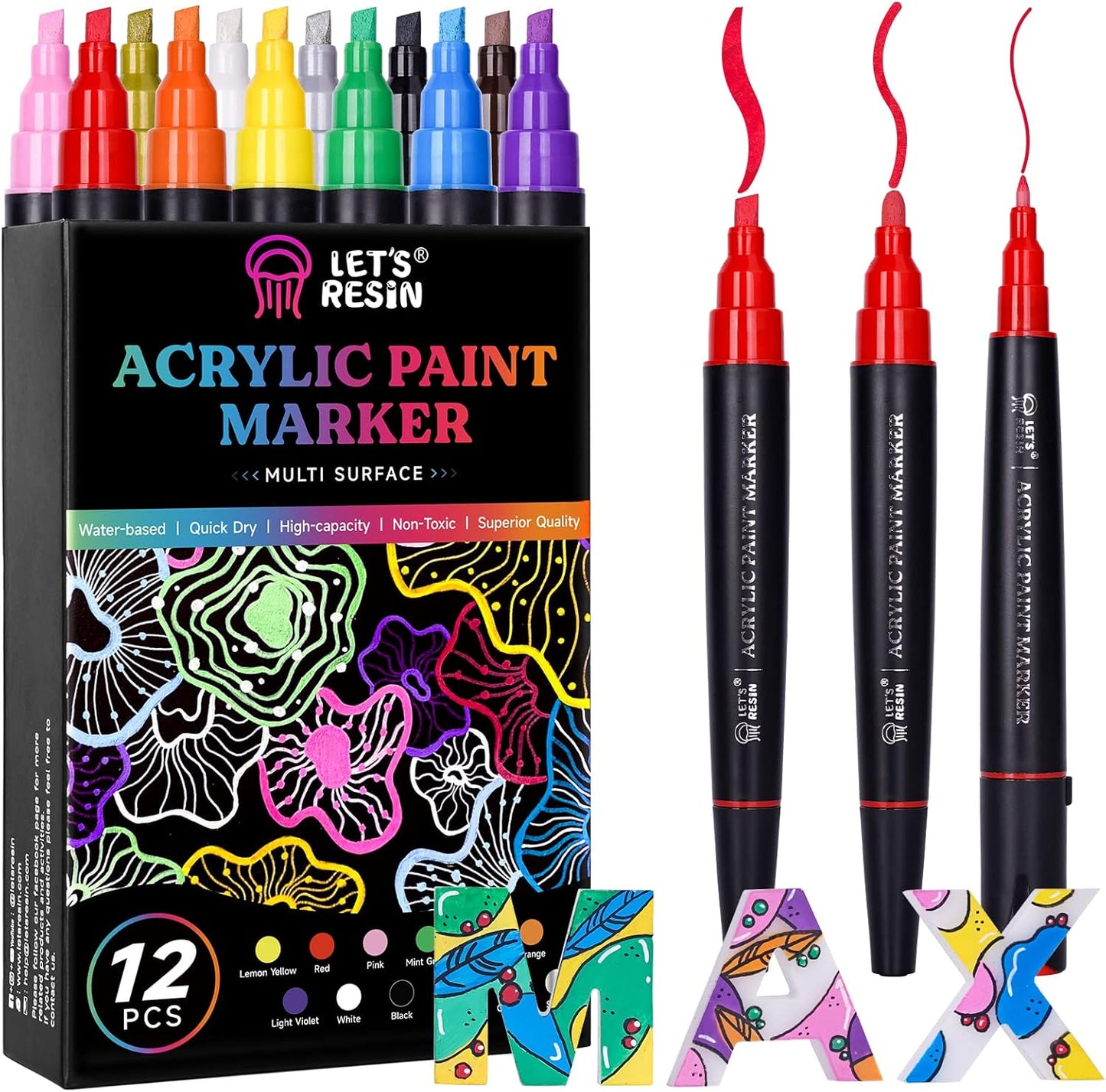 12 Colors Acrylic Paint Markers, 3 Tips Multi-Purpose & High-Capacity Acrylic Paint Pens, Perfect Resin Supplies for Resin Crafts, Rock, Stone, Canvas, Glass, DIY Making Art Supplies