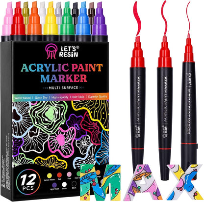 12 Colors Acrylic Paint Markers, 3 Tips Multi-Purpose & High-Capacity Acrylic Paint Pens, Perfect Resin Supplies for Resin Crafts, Rock, Stone, Canvas, Glass, DIY Making Art Supplies