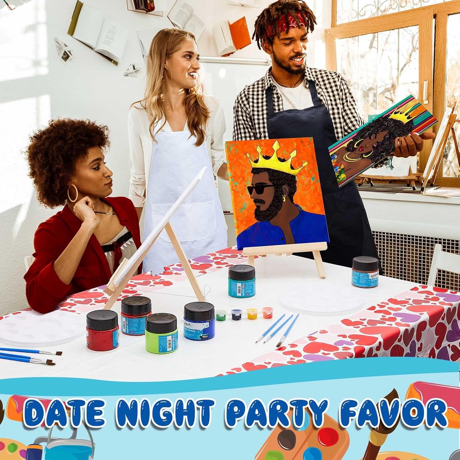 13 Pcs Sip and Paint Kit Valentines Couple Painting Kit Supplies Canvas Painting Art Painting Set Pre Drawn Blank Stretch Canvas Kit for Couple Date Night Party (Afro King Queen,8X10)