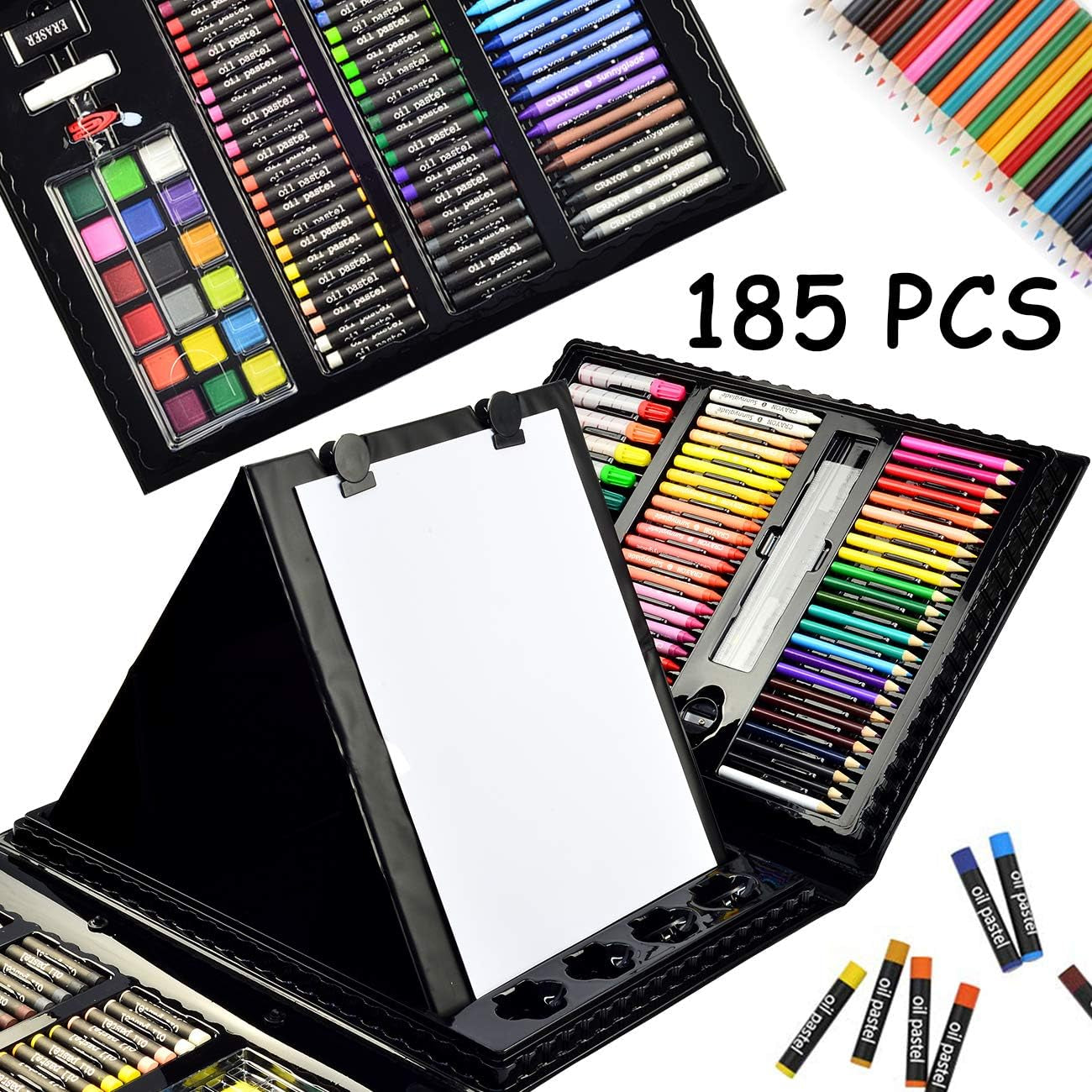 185 Pieces Double Sided Trifold Easel Art Set, Drawing Art Box with Oil Pastels, Crayons, Colored Pencils, Markers, Paint Brush, Watercolor Cakes, Sketch Pad