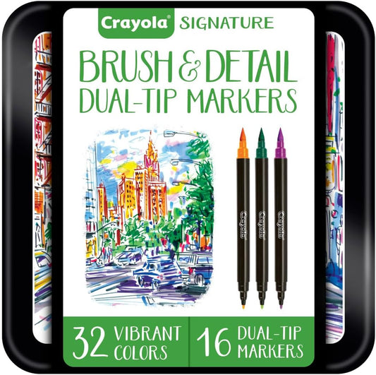 Brush & Detail Dual Tip Marker Set, 16 Markers, 32 Colors, Adult Coloring Markers, Gifts for Teens & Adults