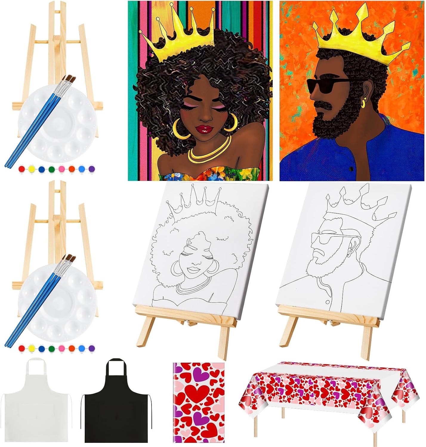 13 Pcs Sip and Paint Kit Valentines Couple Painting Kit Supplies Canvas Painting Art Painting Set Pre Drawn Blank Stretch Canvas Kit for Couple Date Night Party (Afro King Queen,8X10)