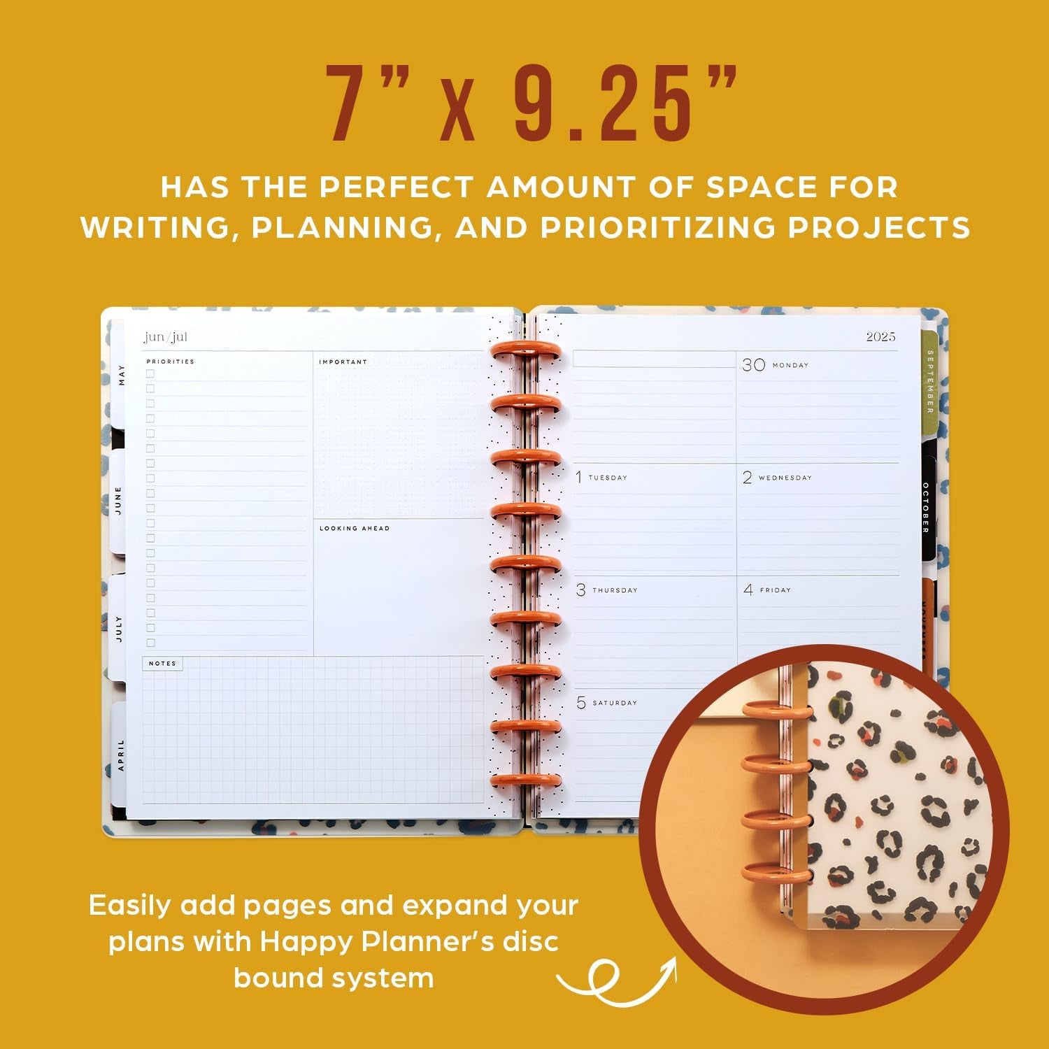 Happy Planner Disc-Bound 12-Month Planner, Jan.–Dec. 2025 Daily, Weekly, and Monthly Planner, Classic Size, Dashboard Layout, Wild Heart, 72 Pages, 12 Dividers, 2 Sticker Sheets, 7" X 9.25"